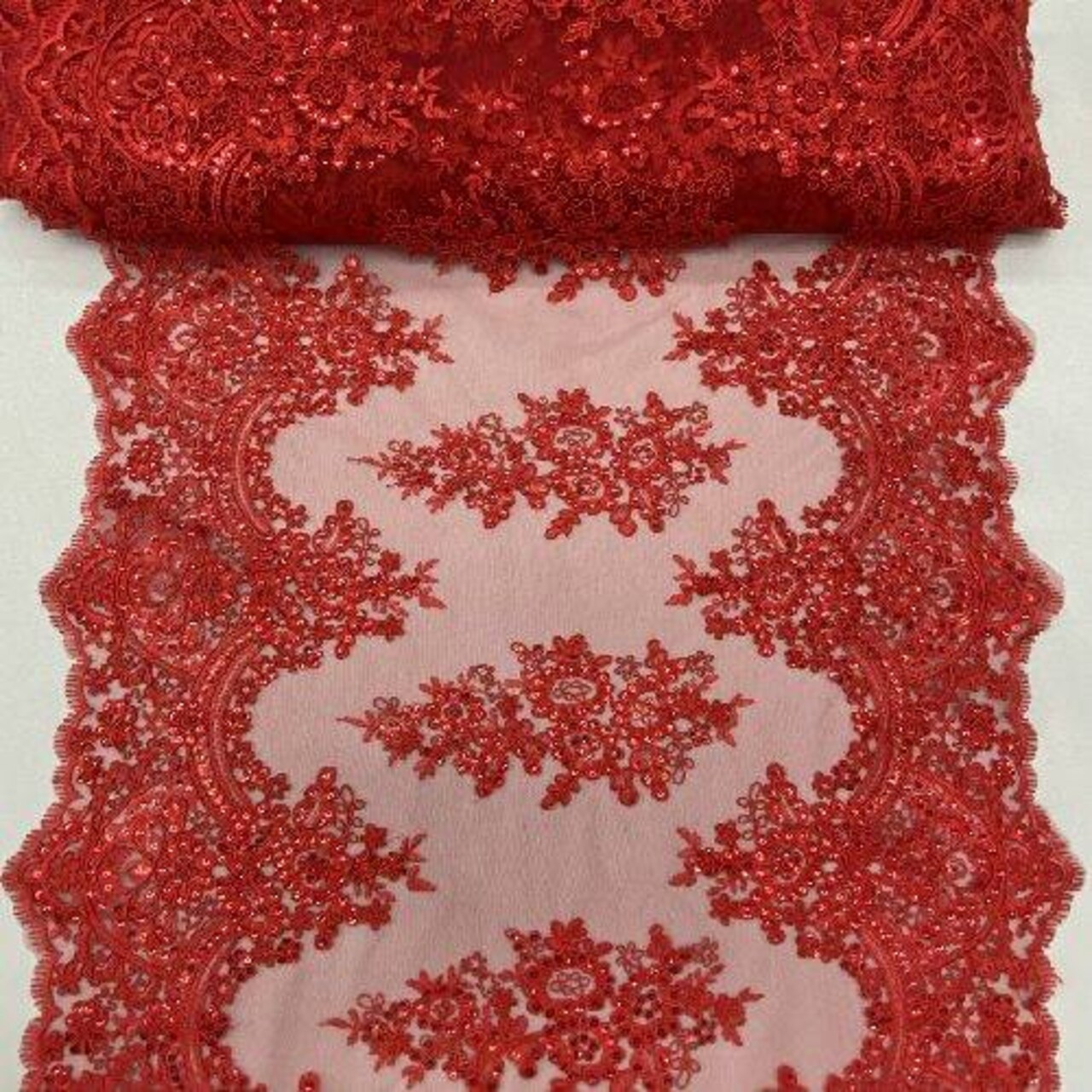 1 Yard Sequin Lace Fabric with Embroidered Mesh and Scalloped Double Border 51" Width